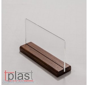 Stojak informacyjny typ MENU 1/3 A4 DL z podstawką DREWNO plexi POZIOM  (RSM017)