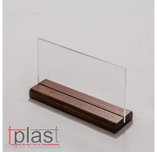 Stojak informacyjny typ MENU 1/3 A4 DL z podstawką DREWNO plexi POZIOM  (RSM017)