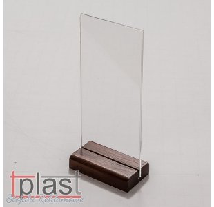 Stojak informacyjny typ MENU 1/3 A4 DL z podstawką DREWNO plexi PION  (RSM035)