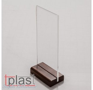 Stojak informacyjny typ MENU 1/3 A4 DL z podstawką DREWNO plexi PION  (RSM035)