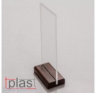 Stojak informacyjny typ MENU 1/3 A4 DL z podstawką DREWNO plexi PION  (RSM035)