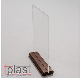 Stojak informacyjny typ MENU A6 z podstawką DREWNO plexi PION  (RSM054)