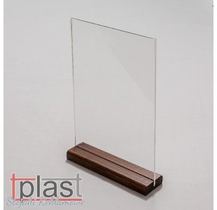 Stojak informacyjny typ MENU A5 z podstawką DREWNO plexi PION  (RSM056)