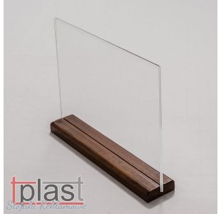 Stojak informacyjny typ MENU A4 z podstawką DREWNO plexi POZIOM (RSM014)